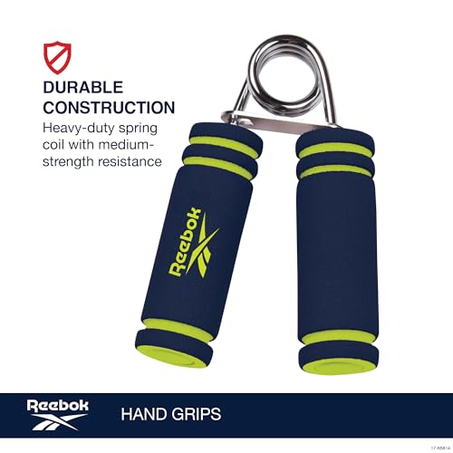 Reebok 2-Pack Hand Grips, Spring Coiled Wrist, Fingers & Forearm Strength Trainer with Soft Foam Handles, Improves Grip Strength, Resistance Hand Gripper for Manual Exercises & Rehab - color: Blue/Lime