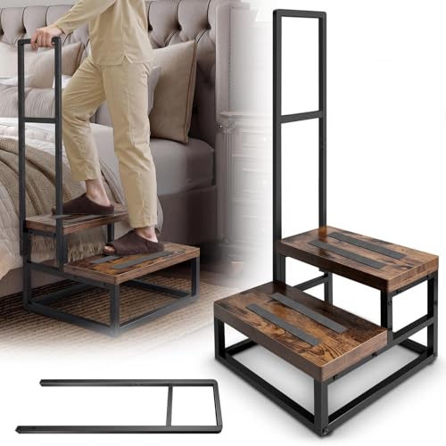 Step Stool with 2 Handles – Includes Extra Removable Handle for Double-Sided Support, Anti-Slip Wooden Platform, Heavy-Duty for High Bed, Kitchen, Bathroom - color: Brown, size: Double handle