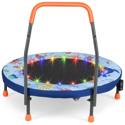 GYMAX 36” Toddler Trampoline with Lights, Folding Springless ASTM Approved Small Kids Rebounder with Foam Handle, Safety Padded Cover & Foldable Legs, Mini Indoor Baby Trampolines - color: Light Blue