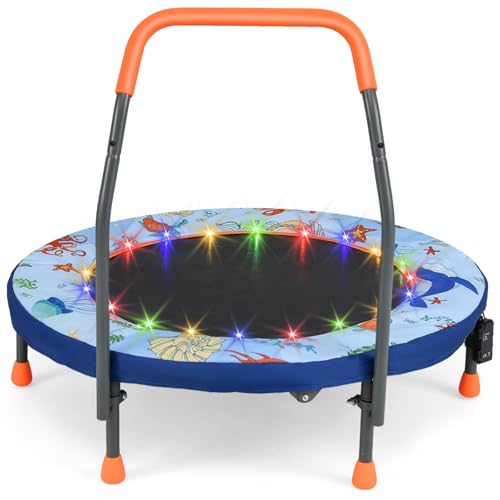 GYMAX 36” Toddler Trampoline with Lights, Folding Springless ASTM Approved Small Kids Rebounder with Foam Handle, Safety Padded Cover & Foldable Legs, Mini Indoor Baby Trampolines - color: Light Blue