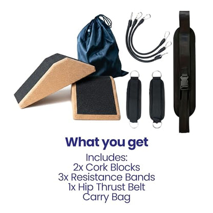 Slant Board for Squats – Portable Squat Wedge Block with Hip Thrust Belt Set – Home Gym Workout Kit for Legs & Glutes - Calf Stretcher Incline Board for Ankle Mobility – Resistance Bands by ALELISA