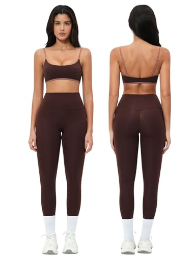 Two Piece Womens Workout Set Color Block Spaghetti Strap Sport Sports and High Waist Leggings Gym Work Pilates Outfits