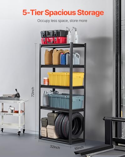 VEVOR Storage Shelves, 2000 lbs, 5 Tier Garage Storage Shelving, 16" D x 32" W x 72" H Adjustable Metal Shelves for Garage Shelves Utility Rack Shelf, Ideal for Kitchen, Warehouse, Basement, Black - size: 16" D x 32" W x 72" H