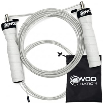WOD Nation Attack Speed Jump Rope Adjustable Dual-Cable Skipping Rope for Men, Speed & Weighted Options, Fast Fold-Over Adjustment Durable Adult Boxing Rope for Fitness, Cardio Home Gym & Cross Training - color: White