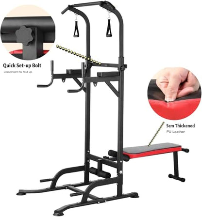 Power Tower with Bench, Pull Up Bar Stand, Dip Bar w/Folding Bench 4 Ropes Strength Training, Multi-Function Fitness Equipment for Home Gym, Adjustable Heights and Angles Dip Station, 400LBS