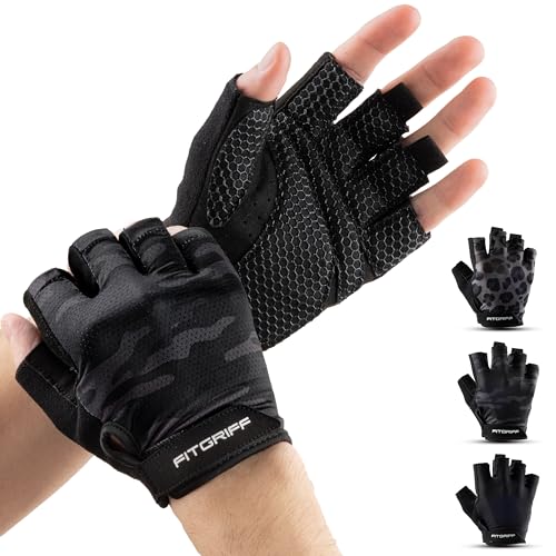 Fitgriff® Workout Gloves (Padded) for Men & Women - Fingerless Gym Gloves for Weight Lifting, Training - Full Palm Protection - color: Camo-Black, size: 9