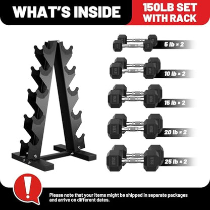 Hex Dumbbell Sets with Rack, 85-560lb Dumbbell Weight Set & Storage Rack - size: 150lb (5, 10, 15, 20, 25lb)x2& Rack