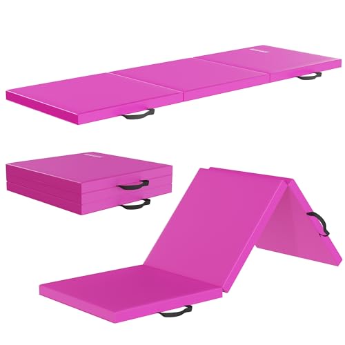 Fitvids Folding Exercise Gymnastics Mat for Tumbling, 2'x6'x2" Gym Workout Mat with Carrying Handles High-Density Anti-Tear Portable Fitness Aerobics Mats for Home Gym Yoga Pilates MMA Core Training - color: Hot Pink