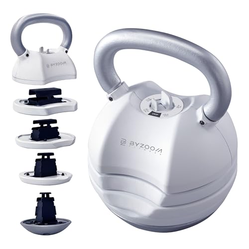 BYZOOM FITNESS Pure Series Adjustable Kettlebell 30/40/50LB - 5-IN-1 Weight Change, Patented Quick-Change Machenism, Ergonomic Curved Handle for Home Gym, Strength Training, HIIT, White OR Black - color: 50LB White