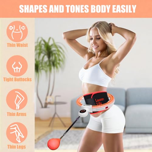 U5 Smart Weighted Hula Hoop with Counter, Waist Trimmer & Wash Bag –16 Knots, 28"–46" Adjustable Infinity Hoop Plus Size, Quiet Rubberized Wheels, Abdominal Toner - color: Orange + Waist Trimmer