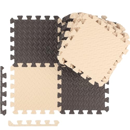 Ecally 100 Pcs 12 x 12 Gym Mat Foam Floor Mats for Home Gym Covers 96 Sq Ft Puzzle Exercise Square Interlocking Carpet Tiles with Border for Workouts Equipment Yoga Pilates (Beige,Brown) - color: Beige,brown