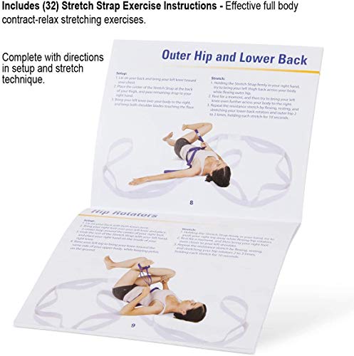 Stretch Strap with Loops for Physical Therapy, Flexibility, Range of Motion and Workouts with Exercise Book. Non-Elastic Band for Yoga, Pilates. Stretch Out Hamstring, Knee, calf, Back, Shoulder