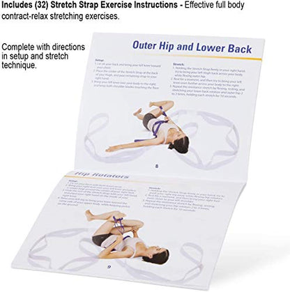 Stretch Strap with Loops for Physical Therapy, Flexibility, Range of Motion and Workouts with Exercise Book. Non-Elastic Band for Yoga, Pilates. Stretch Out Hamstring, Knee, calf, Back, Shoulder