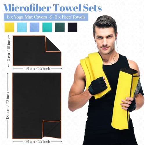 Peryiter 12 Pack Yoga Towel for Hot Yoga, Non Slip 2 in 1 Set Extra Thick Pilates Mat Towel Double Sided Microfiber Super Absorbent and Sweat Blankets for Workout Gym Fitness Men Women