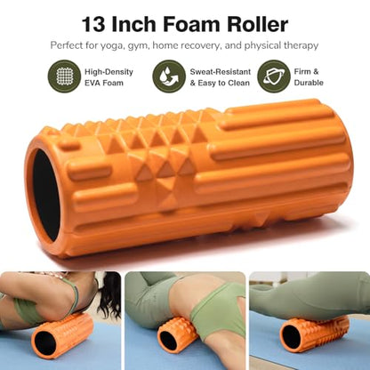 5 in 1 Foam Roller Set - Deep Tissue Foam Roller, Muscle Roller Stick, Massage Ball, Resistance Band for Physical Therapy & Deep Tissue Muscle Massage (Orange) - color: Orange
