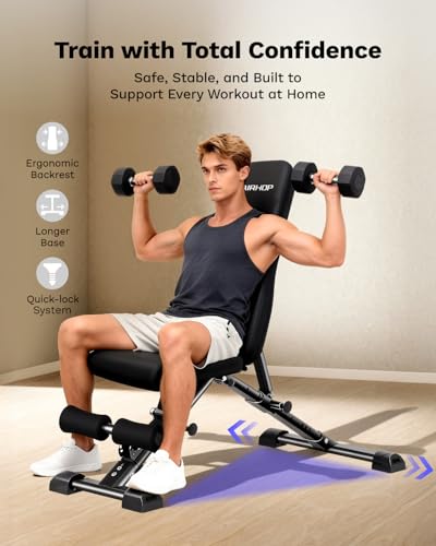 AIRHOP Foldable Weight Bench, 90° to -30° FID Workout Bench for Home Gym, Backrest, Seat & Leg Hold Down Bar Adjustable Weight Bench, MAX 1000 LBS Capacity, 19.4" Extended Base Legs for Bench Press