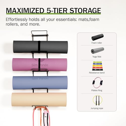 Slim Panda Yoga Mat Holder Wall Mount With Mesh Bag,Yoga Accessories Storage Rack,Home Gym Organizer with 5-Tier & 3 Hooks for Hanging Yoga Mats, Foam Roller, Resistance Bands, Space Saver