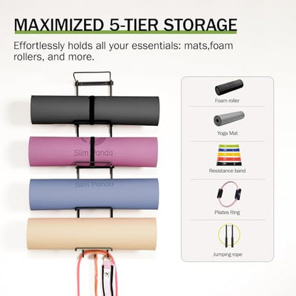 Slim Panda Yoga Mat Holder Wall Mount With Mesh Bag,Yoga Accessories Storage Rack,Home Gym Organizer with 5-Tier & 3 Hooks for Hanging Yoga Mats, Foam Roller, Resistance Bands, Space Saver