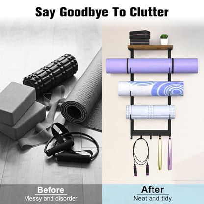 Yoga Mat Holder Wall Mount, Yoga Mats Storage Rack, Home Gym Wall Organizer Holder with Wood Floating Shelf and 5 Hooks, Storage Rack for Hanging Foam Roller/Band/Workout Equipment