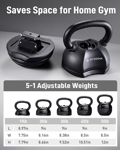 BYZOOM FITNESS Pure Series Adjustable Kettlebell 30/40/50LB - 5-IN-1 Weight Change, Patented Quick-Change Machenism, Ergonomic Curved Handle for Home Gym, Strength Training, HIIT, White OR Black