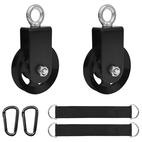 LFJ Aluminum Alloy Cable Pulley with Swing Strap Carabiner, 90mm Pulley Wheel for LAT Pulley System DIY Pull Down Attachment,Ladder Lift,Home Gym Equipment - color: Black-2Pack