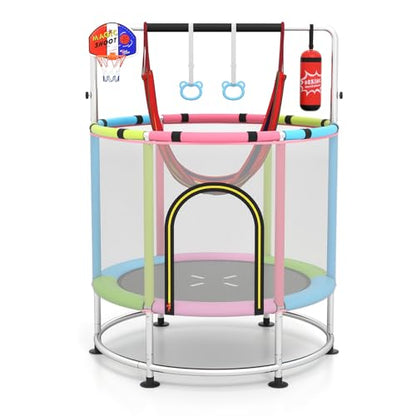 GYMAX 55" Trampoline for Kids, 440LBS 6 in 1 Toddler Rebounder with Swing, Basketball Hoop, Punching Bag, Rings & Bar, No-Gap Jumping Mat Mini Indoor Outdoor Trampoline - color: Pink-Green-Blue