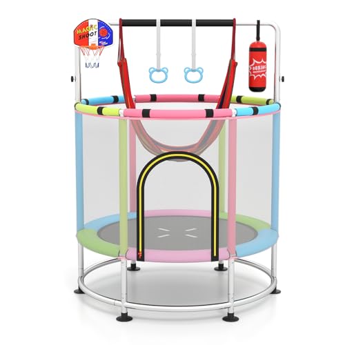GYMAX 55" Trampoline for Kids, 440LBS 6 in 1 Toddler Rebounder with Swing, Basketball Hoop, Punching Bag, Rings & Bar, No-Gap Jumping Mat Mini Indoor Outdoor Trampoline - color: Pink-Green-Blue