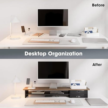 Fenge Monitor Stand, Desk Computer Riser with Frosted Storage Drawer, Brown - color: Brown