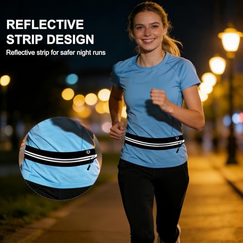 Running Belt for Women Men, Slim Fanny Pack Fits 23-32 Inch Waists, Water Resistant Reflective Waist Bag for 7" Phone Keys Cards, Nylon Spandex Belt for Jogging Travel Cycling