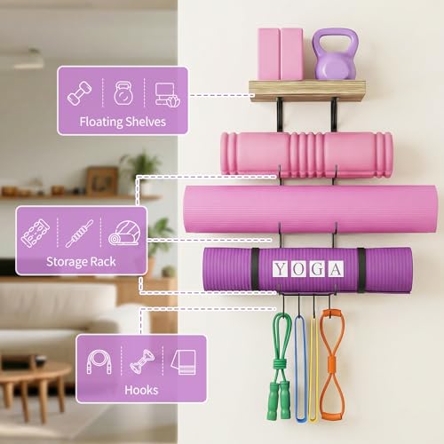 Bikoney Yoga Mat Holder Wall Mount Yoga Mat Storage Home Gym Accessories with Wood Floating Shelves and 4 Hooks for Hanging Foam Roller and Resistance Bands Fitness Home Gym Carbonized Black