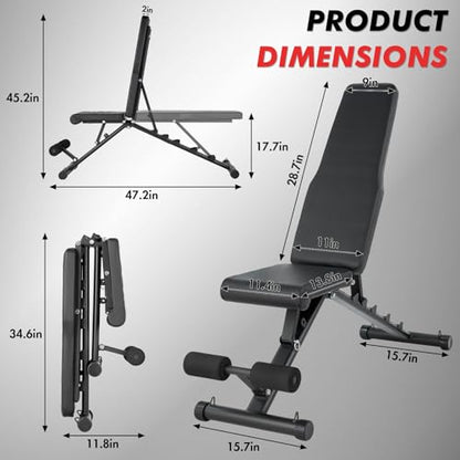Foldable Adjustable Weight Bench for Home Gym, Flat/Incline/Decline Workout Bench Press, 440 LBS Multi-Functional Strength Training Bench for Weightlifting, Full Body Exercise
