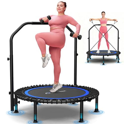 ANCHEER 40"/48" Foldable Rebounder Trampoline for Adults/Kids with Resistance Bands and Bungees, Indoor & Outdoor Mini Trampoline with Bar and Safety Padding - Max Load 450lbs/550lbs