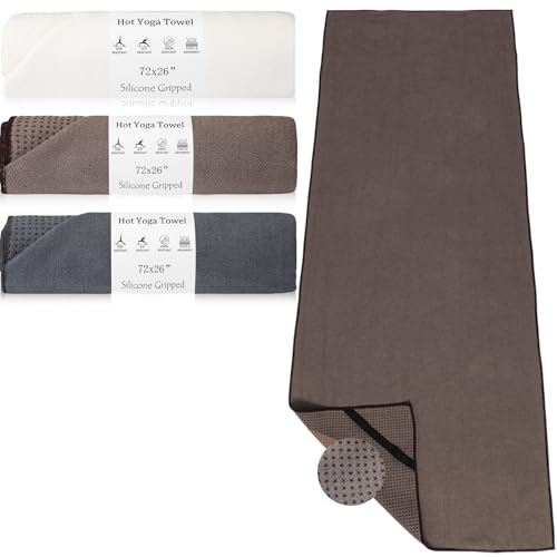 3 Pack Hot Yoga Mat Towel Non Slip Microfiber Pilates Towel with Grip Dots & Elastic Straps, 72" x 26" Absorbent Sweat Anti-Slip Hot Yoga Gym Mat for Fitness Workout(Beige Dark Gray Coffee) - color: Beige Dark Gray Coffee