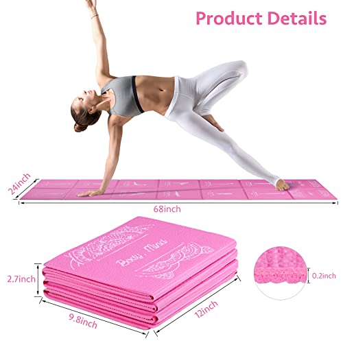 Foldable Yoga Mat for Women, Non Slip Exercise Mat for Home Gym, 5mm Travel Yoga Mats Set With Stretch Strap for Yoga Pilates and Fitness, 68"L x 24"W x 0.2 Inch Thick