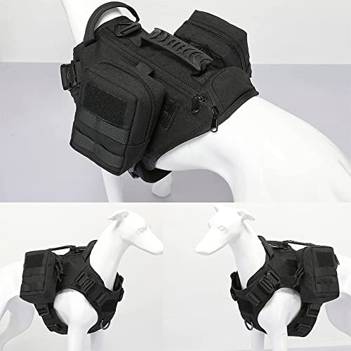 Tactical Dog Backpack Harness for Large Breed Original Design Metal Buckle Vest with Side Bags Pouches for Service Working Training (Black (with 2 Pouches), L)