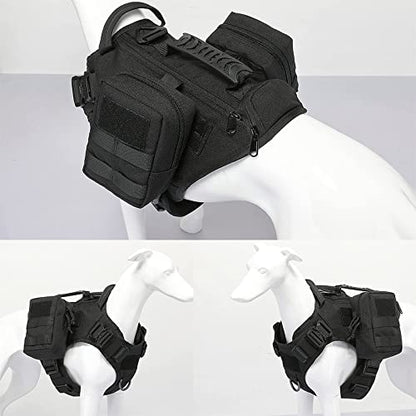 Tactical Dog Backpack Harness for Large Breed Original Design Metal Buckle Vest with Side Bags Pouches for Service Working Training (Black (with 2 Pouches), L)