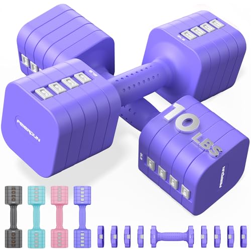 FEIERDUN DB3 5-in-1 Adjustable Dumbbell Set, 6LB/10LB Pair Adjustable Weights for Women at Home, Dual Locking Stable Hand Weights with TPU Soft Handle, Home Gym, Rehab, Pilates, Yoga, Strength Training - color: D-Vivid Purple, style: 10LBS Pair (20LBS Tot