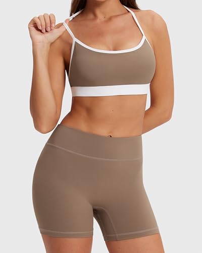 MOOSLOVER Women 2 Piece Workout Sets Layered Halter Sport Bra V Back Gym Shorts Yoga Outfits