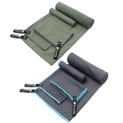 Eunzel 2 Set Quick Dry Camping Towel, Microfiber Travel Towel Super Absorbent Fast Drying Towel for Camping, Beach, Gym, Backpacking & Swimming(Two 3-Piece Towel Sets, Army Green/Grey) - color: Army Green/Grey, size: Multi-Size Set - 2 Pack (6 Towels)