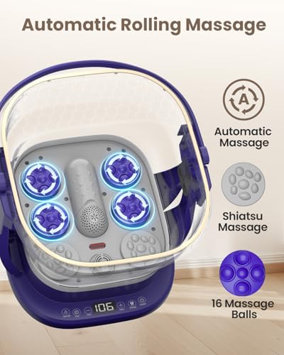 Electric Foot Bath Massager with Remote, 16 Motorized Massage Balls for Stress Relief, Collapsible Foot Spa Bath Massager with Heat, Pedicure Spa Tub with Temp Control, Purple - color: Purple