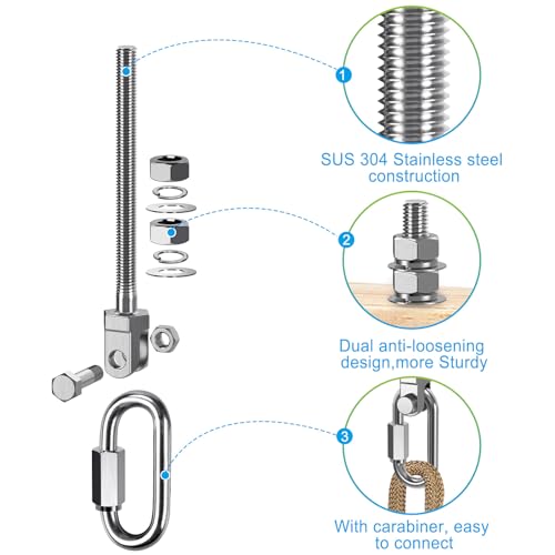 Dolibest Heavy Duty Swing Hanger, 304 Stainless Steel Swing Bolts w/Quick-Connect Carabiner, Swing Hook w/Dual-Screw Locking for Hammock, Yoga Swing, Porch Swing for Wood/Metal Beam-(M10X5'')-1500LB - color: M10X5''-4PCS