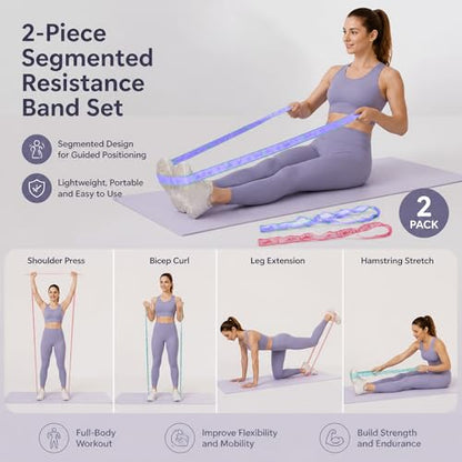 2-Pack 10-Level Fitness Resistance Band 46.4" x 1.57", Digital Markings & Body Chart - Stretching Bands for Yoga, Pilates, Dance Warm-Ups & Home Workouts
