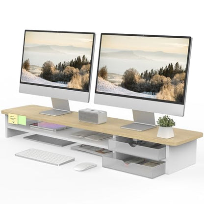 Fenge Monitor Stand, Desk Computer Riser with Frosted Storage Drawer, Oak - color: Oak