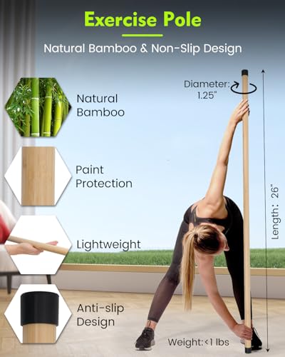 Yoga Stick, 5ft Exercise Stick for Mobility, Stretching Stick with Non-Slip Ends, Exercise Dowel for Pilates, Balance Pole and Stretch Bar for Stretching Equipment - size: 2 PCS (58 inches + 58 inches) Natural Bamboo