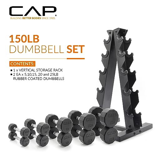 CAP Rubber Coated Dumbbell Weight Set with Vertical Rack | 100 lb, 150 lb, and 210 lb Options - size: 150 lb - Set, style: 12-Sided Chrome Handle