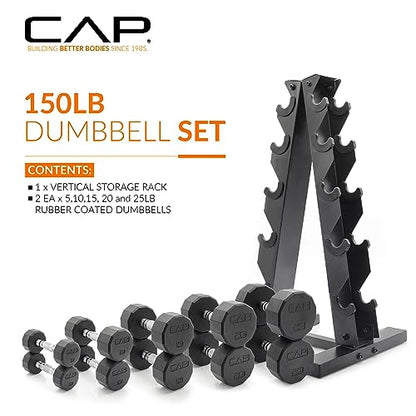 CAP Rubber Coated Dumbbell Weight Set with Vertical Rack | 100 lb, 150 lb, and 210 lb Options - size: 150 lb - Set, style: 12-Sided Chrome Handle