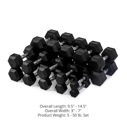 Titan Fitness Rubber Hex Dumbbells, 5 LB-50 LB Set of Pairs, Roll-Resistant Hexagonal Free Weights, Hex Dumbbell Set with Chrome-Coated Handles, Free Weight Set, Strength Training Equipment