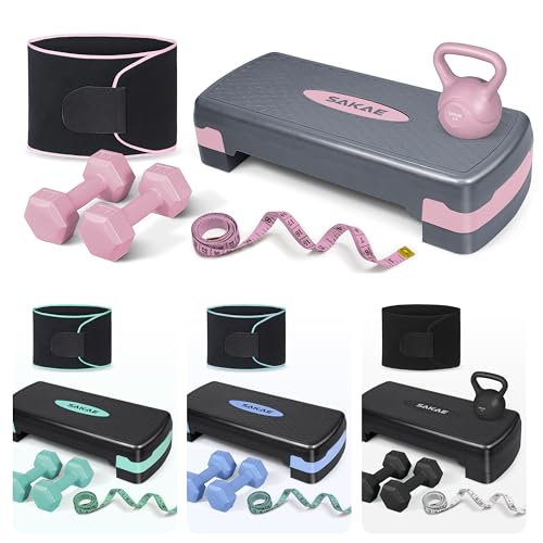 SAKAE Adjustable Aerobic Stepper Kit with Dumbbells & Kettlebell & Weightlifting Belt & Measuring Tape, 2 Level Risers Exercise Step Platform for Home Gym Exercise Fitness Workout, Multiple Colors