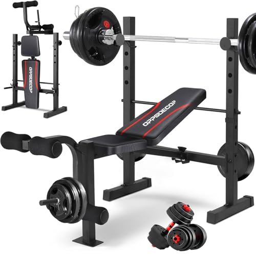 OPPSDECOR Standard Weight Bench Set with Squat Rack, 600LBS Adjustable Bench Press Set with Leg Extension and Leg Curl, Foldable Flat Incline Decline Workout Bench for Home Gym Full Body Training