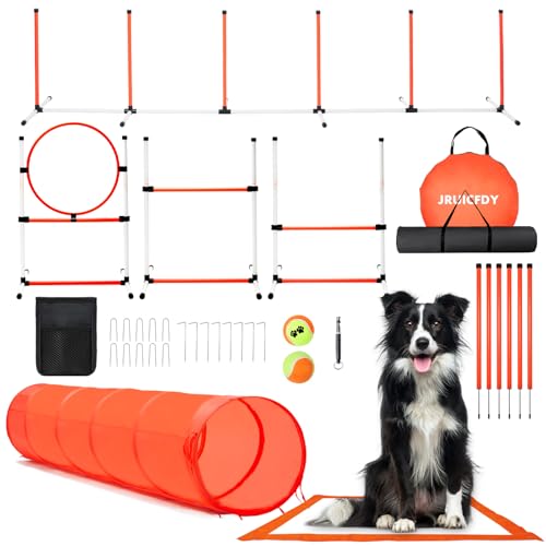 Dog Agility Course Backyard Set, Dog Agility Equipment, Pet obstacle Course Backyard with 6 Dual Mode Weave Poles, 2 Adjustable Hurdle, Jump Ring, Tunnel, Pause Box, Toy Balls and 2 Carrying Bags - size: 15 PCS SET